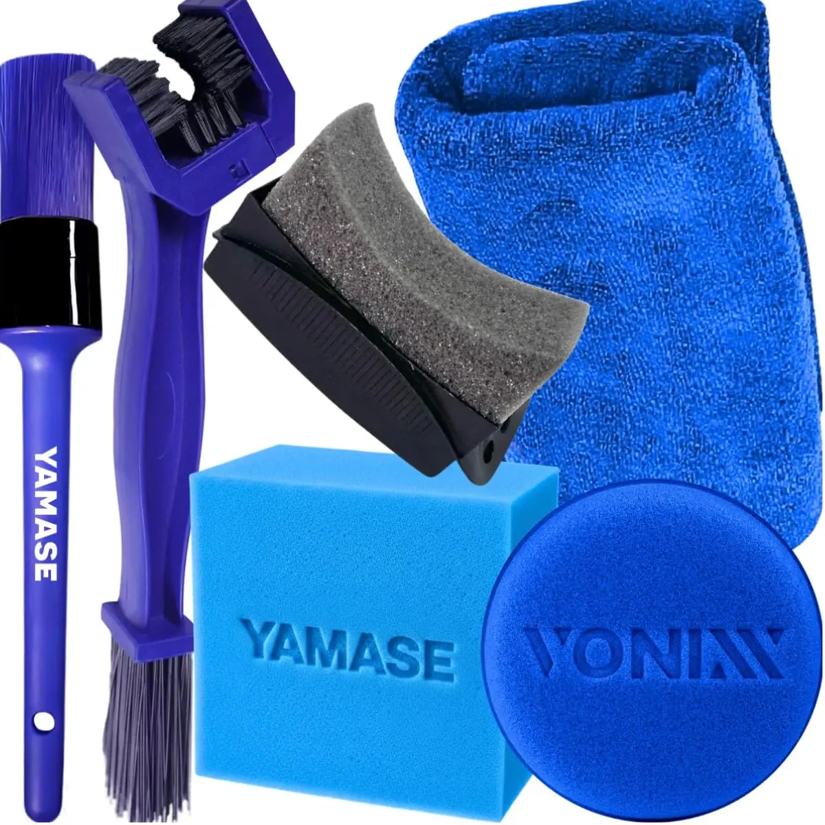 Kit Acessórios Limpeza Automotiva Pano Toalha Flanela de Microfibra + Pincel Detalhamento Externo + Aplicador de Espuma Vonixx + Aplicador para Pretinho Curvado + Escova Corrente para Moto