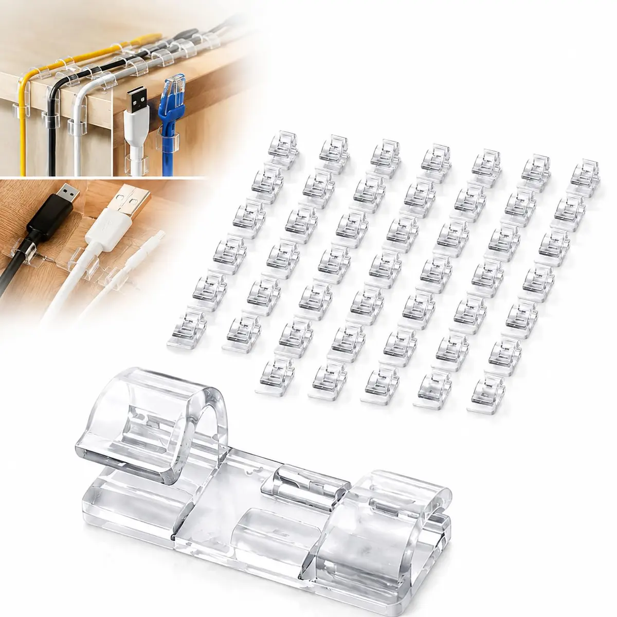 Kit 40 Organizadores de Fios Transparentes – Clipes de Cabo com Adesivo Forte, Suporte de Arame Autoadesivo para Carro, Casa e Escritório – Fixação Resistente para Cabos
