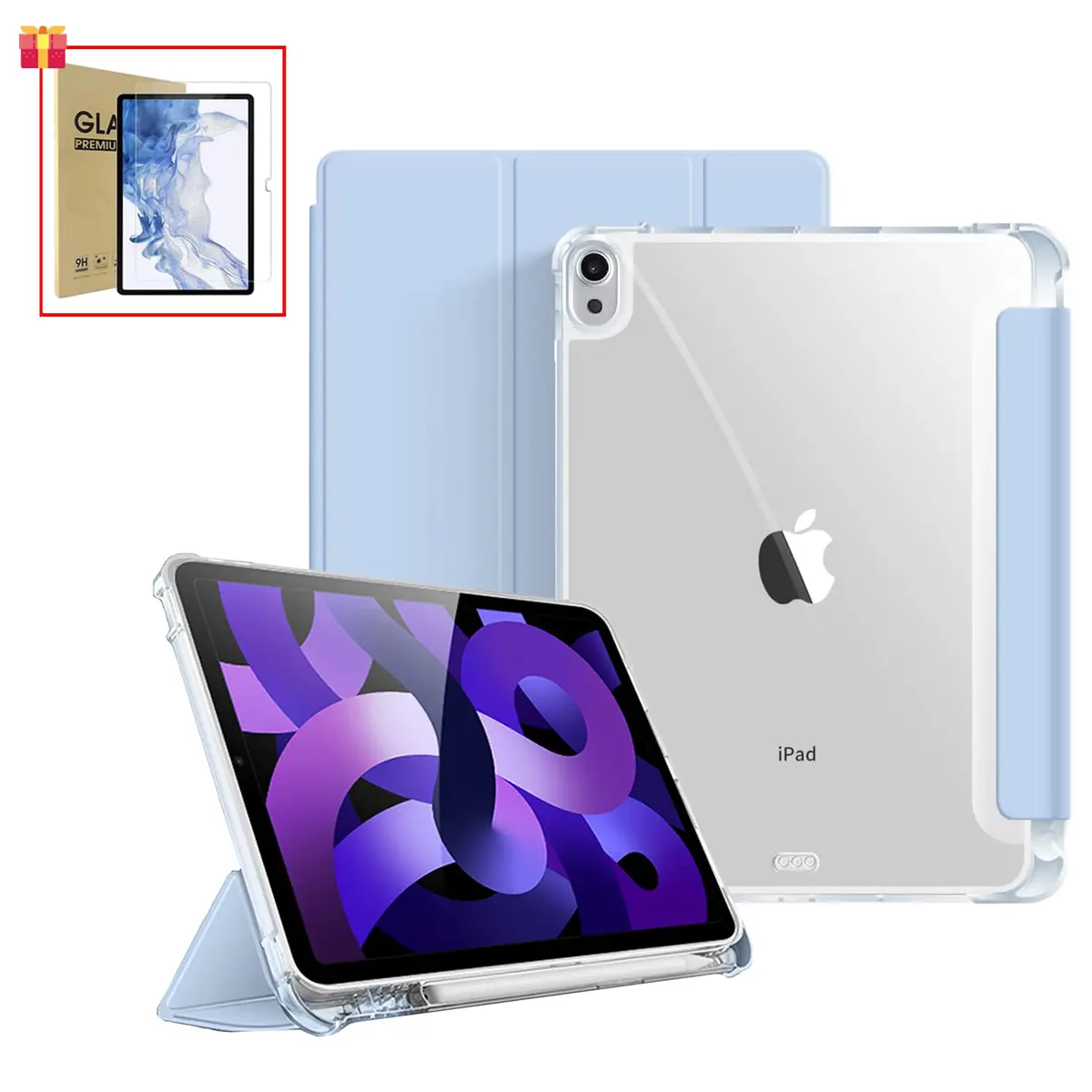 Capa para iPad Air 11 Polegadas M4/M3/M2 (2026/2025/2024), iPad Air 5/4 (10,9 Polegadas, 2022/2020), Case Anti Impacto, Premium Slim, Flexível e portátil, Porta-lápis (Azul, Com Película de Vidro)