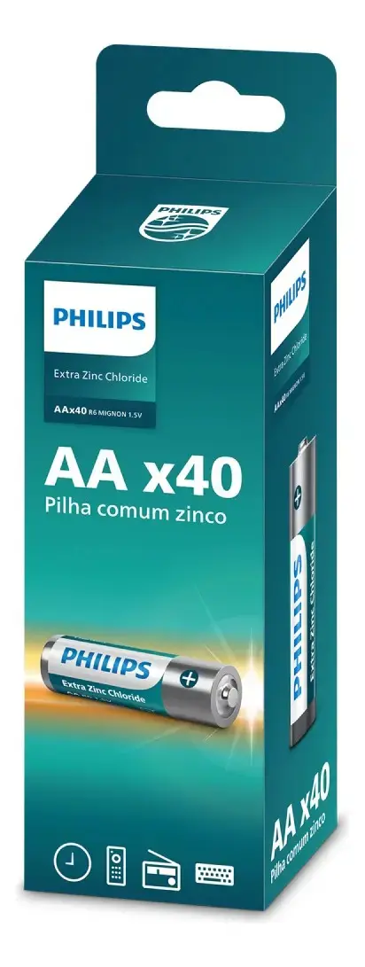 40 Pilhas Zinco Aa Philips Bateria Caixa C/40 Unidades