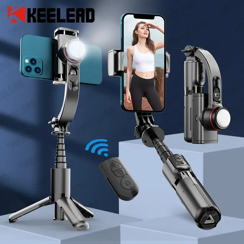 Gimbal estabilizador selfie vara tripé com luz de preenchimento bluetooth sem fio extensível para samsung iphone celular smartphone - 1