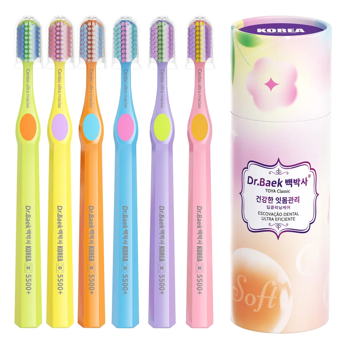 Dr.Baek Escova de Dente, 6 Unidades, Cerdas Ultrafinas 5500+, Limpeza Profunda, Macia para Gengivas, Kit Familiar Multicores - 1
