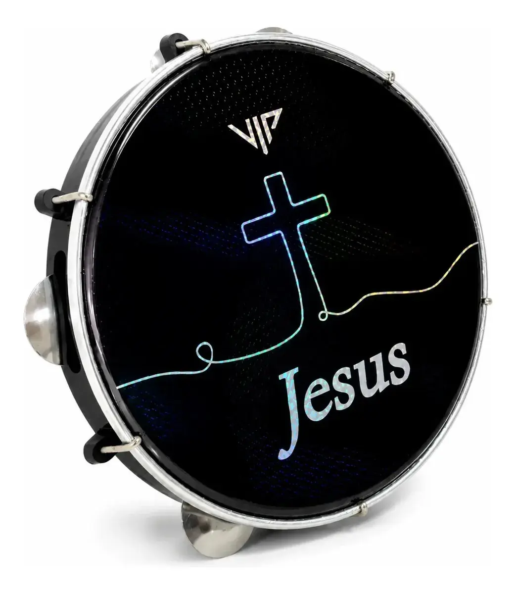 Pandeiro Profissional 10 Pele Holográfica Jesus Corpo Abs Cor Preto