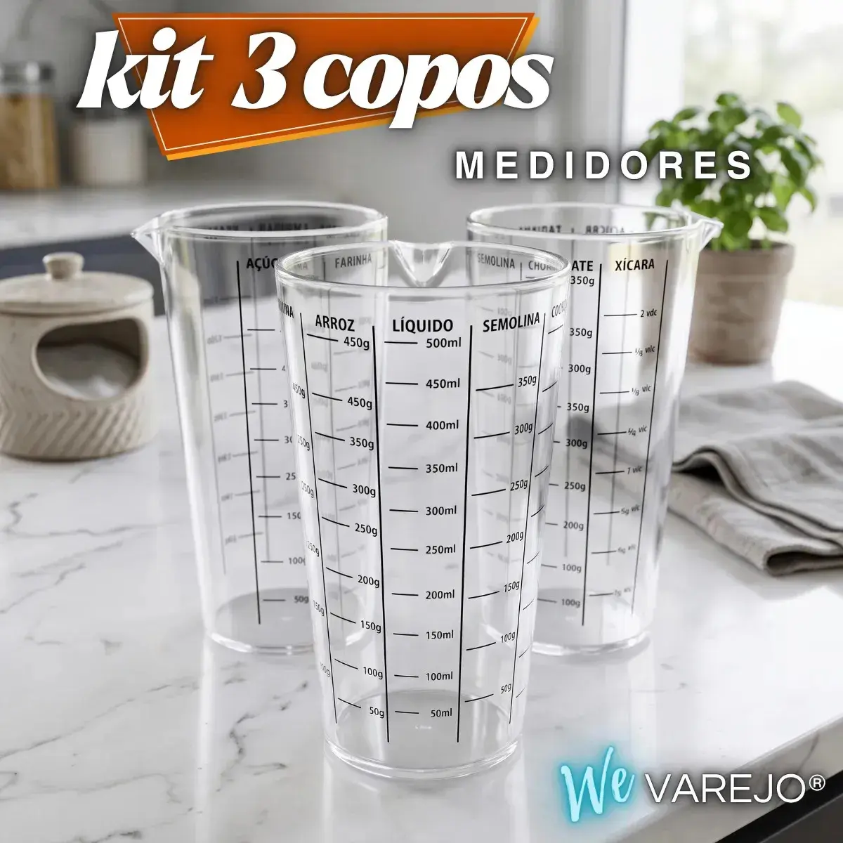 Kit 3 Copos Medidores We Varejo Copo Para Medidas Cúlinarias 500ml Plástico Abs Bpa Livre Medir E Dosar Ingredientes Receitas - 1