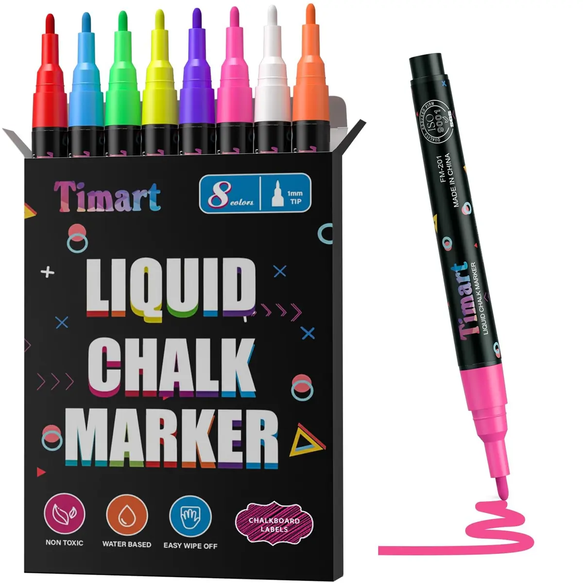 Marcadores de Giz Líquido Timart, Ponta Extra Fina 1mm, 8 Cores Neon, Apagável a Seco, para Quadros, Vidros e Placas