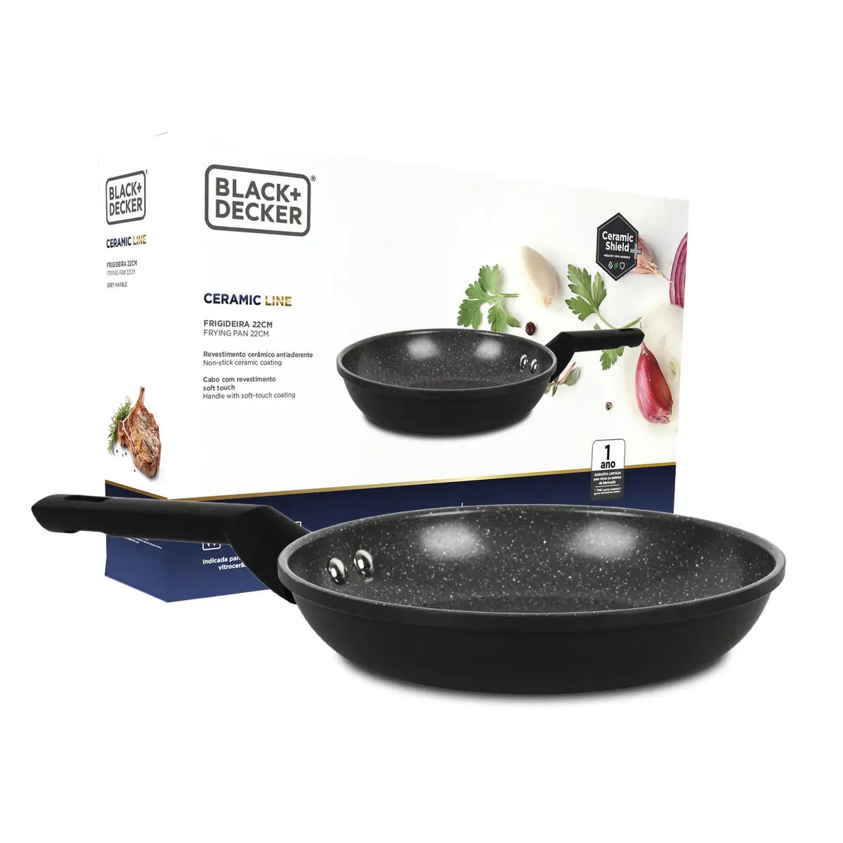 BLACK+DECKER FRIGIDEIRA 22 CM 1,5 LITROS CERAMIC LINE - CORPO COM REVESTIMENTO CERÂMICO ANTIADERENTE COM ACABAMENTO EXTERNO NA COR PRETA E BASE COMPATÍVEL COM INDUÇÃO - BLACK