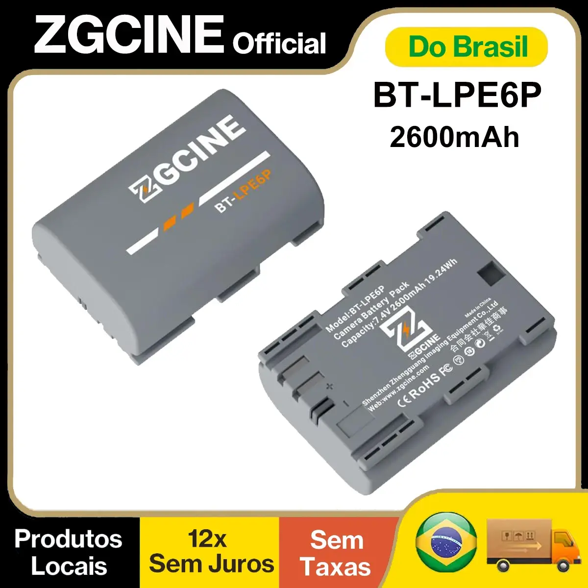 【Do Brasil】Bateria ZGCINE BT-LPE6P 2600mAh Compatível LP-E6P, Exibição em Tempo Real, Compatível Carregador Original, para Canon R6 II R7 R5 R5C R6 R8 R 5D IV 5D III 5DS 5DS R 6D 6D II 7D 7D II 90D 80D 70D 60D 5D II