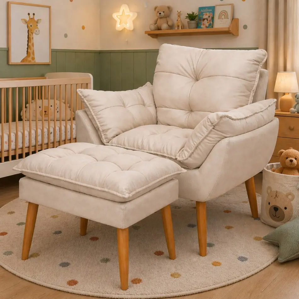Kit Poltrona e Puff Bege Suede Decorativo Amamentação Pés Palito Fibra de Silicone - Sentta Furniture
