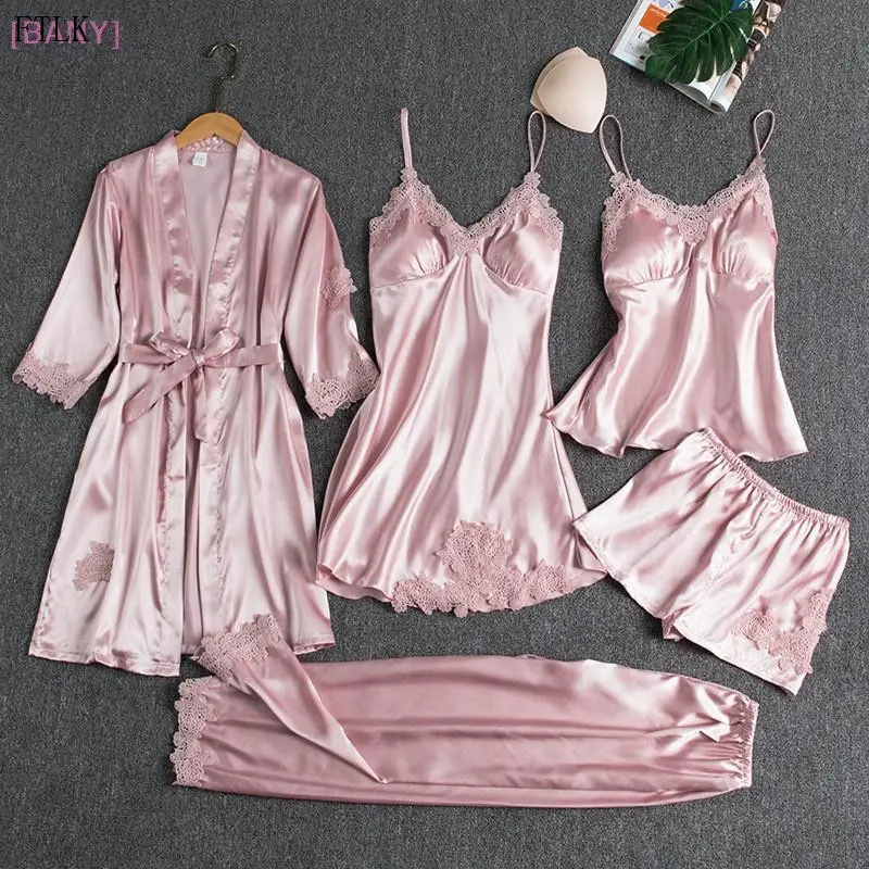 [BANY] Conjunto de Pijamas de Seda para Mulheres com 5 Peças, Vestido de Pijama com Decote em V e Camisola Us - 1