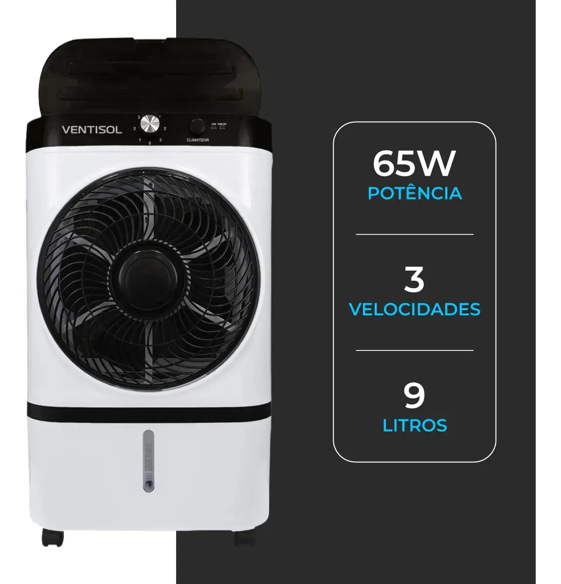 Climatizador De Ar Ventisol Cli09 9l Evaporativo Portátil Com Filtro Colmeia, Gelo, Silencioso, 65w Ou Baixo Consumo Para Ambientes Até 30m²