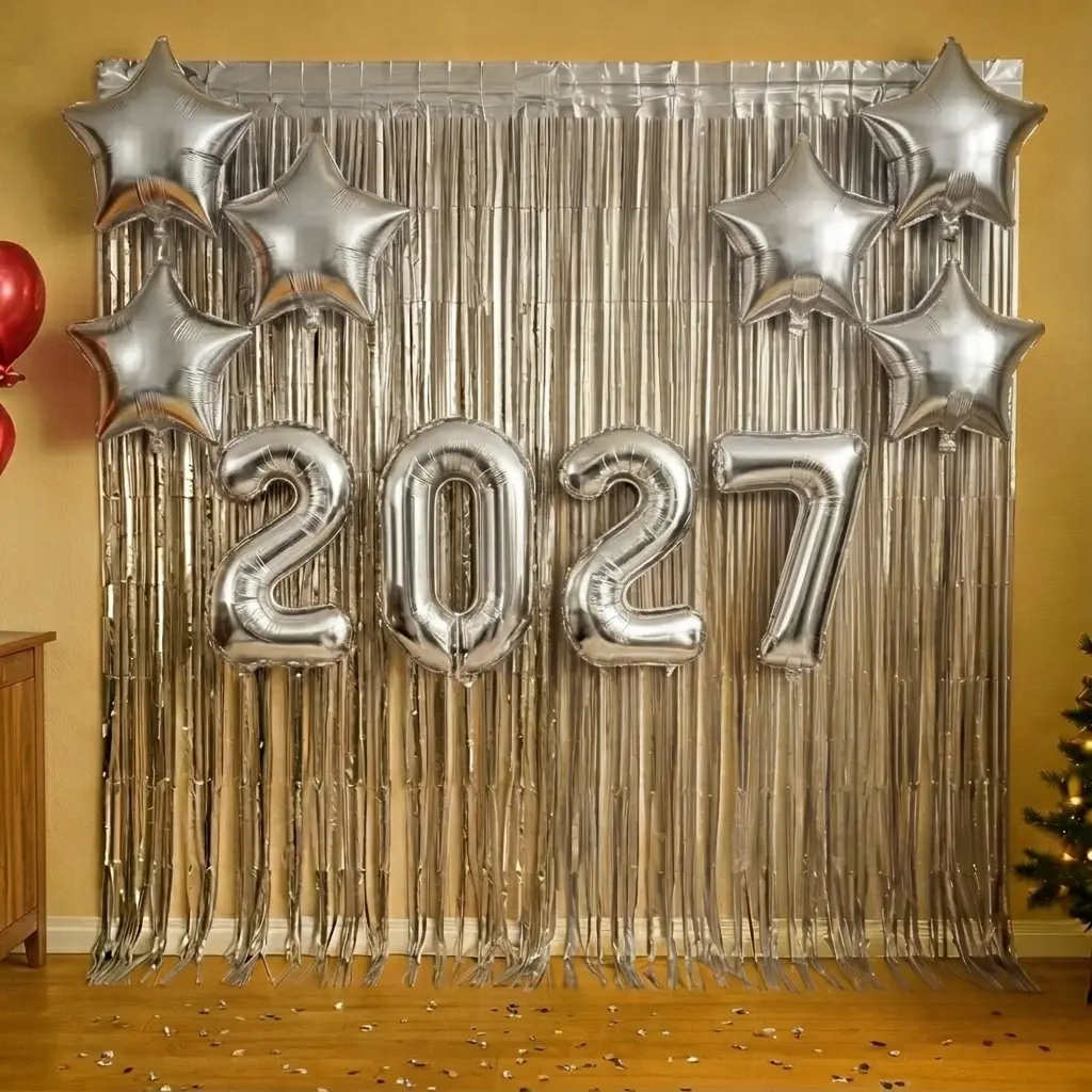 Kit Balão 2027 Réveillon Ano Novo (Tamanho 40cm ou 80cm) c/ Cortina e Estrelas Metalizadas