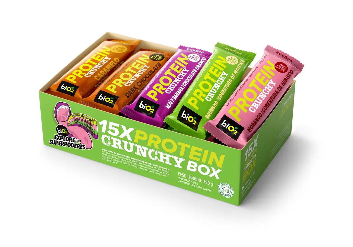 Kit Barra de Proteína Crocante biO2 Protein Crunchy Box, 15 barras de 50 g, 5 sabores Vegana e sem Glúten