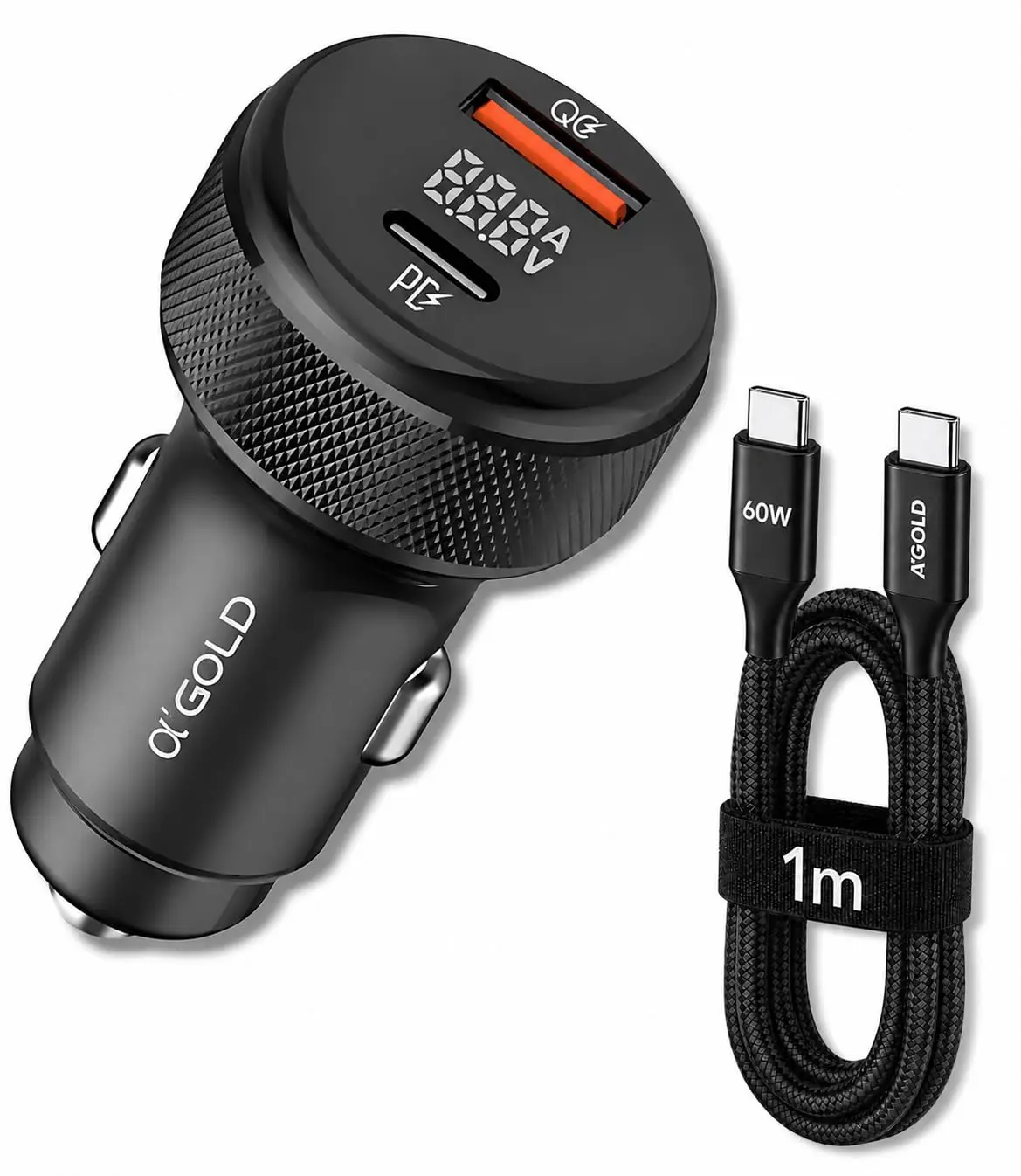 Carregador Veicular Turbo 60W para Carro, 2 Entradas com Carregamento Rápido + Cabo USB-C Premium, Compatível com Dispositivos iOS e Android