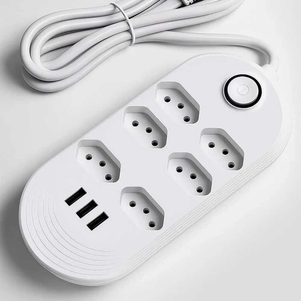 Filtro de linha extensão Elétrica 6 Tomadas + 3 Entradas USB – Bivolt, Cabo 2m, Proteção Contra Sobrecarga, Ideal para celulares, computadores, impressoras, televisão - 1