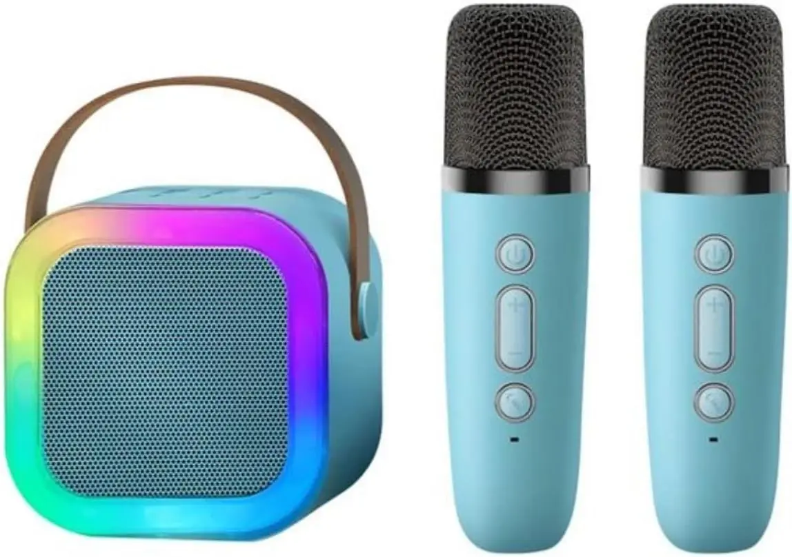 Kit de Karaokê Portátil com Alto-falante LED RGB, 2 Microfones sem Fio, Bluetooth, Azul Recarregável e Modos de Voz Divertidos - Diversão Musical para Crianças e Adultos! D7 Store (AZUL) - 1