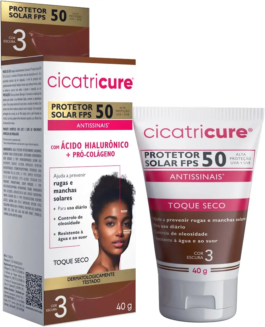Cicratricure Protetor Solar Facial FPS 50 Antissinais Toque Seco Cor Escura, Previne Rugas e Manchas, Ultra Proteção UVA UVB, Ácido Hialurônico para Pele Oleosa, 40 ml - 1