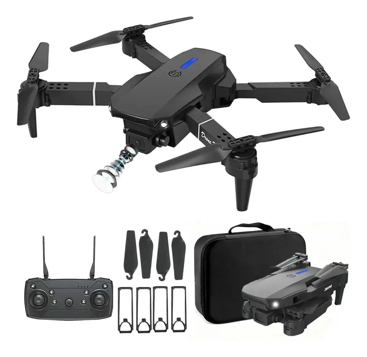 Mini Drone E88 Profissionals Câmeras Fpv Wi-fi Fotografia Aérea Camera Hd Com Controle Remoto Cor Preto - 1