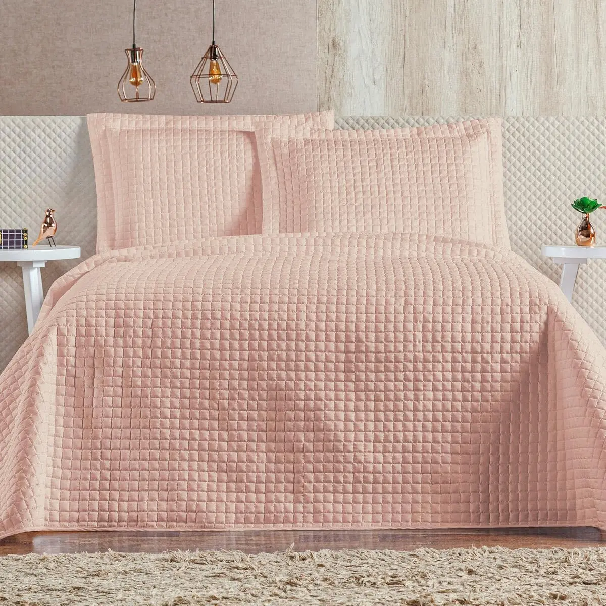 Cobre Leito Colcha Casal Queen 03 Peças 200 Fios Matelado Elegante Plata (Rosa Claro)