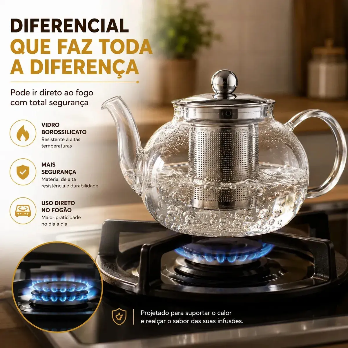 Chaleira de Vidro Carneiri 600 mL Com Infusor de Inox Para Fogão thumbnail 3