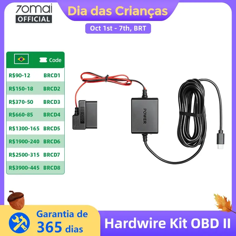 Kit de Fiação Ajustável 70mai OBD II com Interface Tipo-C Plug & Play, Kit OBD 70mai para Vigilância de Estacionamento 24H para Câmeras Veiculares 70mai - 1