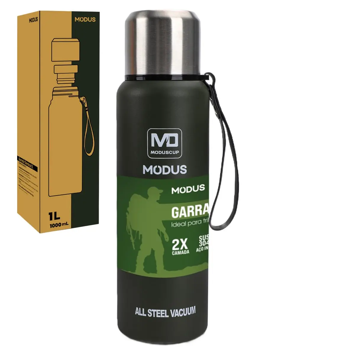 Garrafa Térmica Inox Parede Dupla Portátil Com Bolsa 1000ml/1500ml (1000ML Verde Escuro)