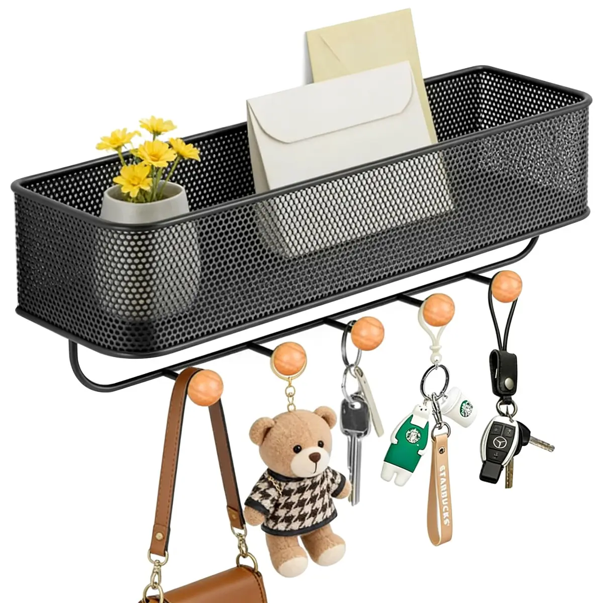 Porta Chave Parede Chaveiro com Prateleiras Gancho Organizador Parede Suporte Chave Cabideiro Dupla Instalação Estilo Prateleira Organizador Decorativo Multiuso, Preto 32 X 9.5 X 9CM