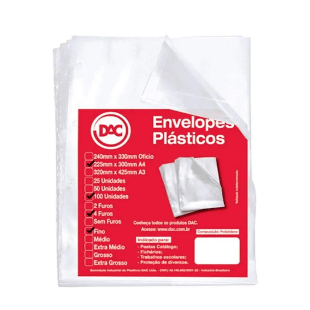Blister 100 Envelopes A4 Fino 4 Furos, Dac, Blister 100 Envelopes A4 Fino 4 Furos 5070A4-100, Transparente, 5070A4-100