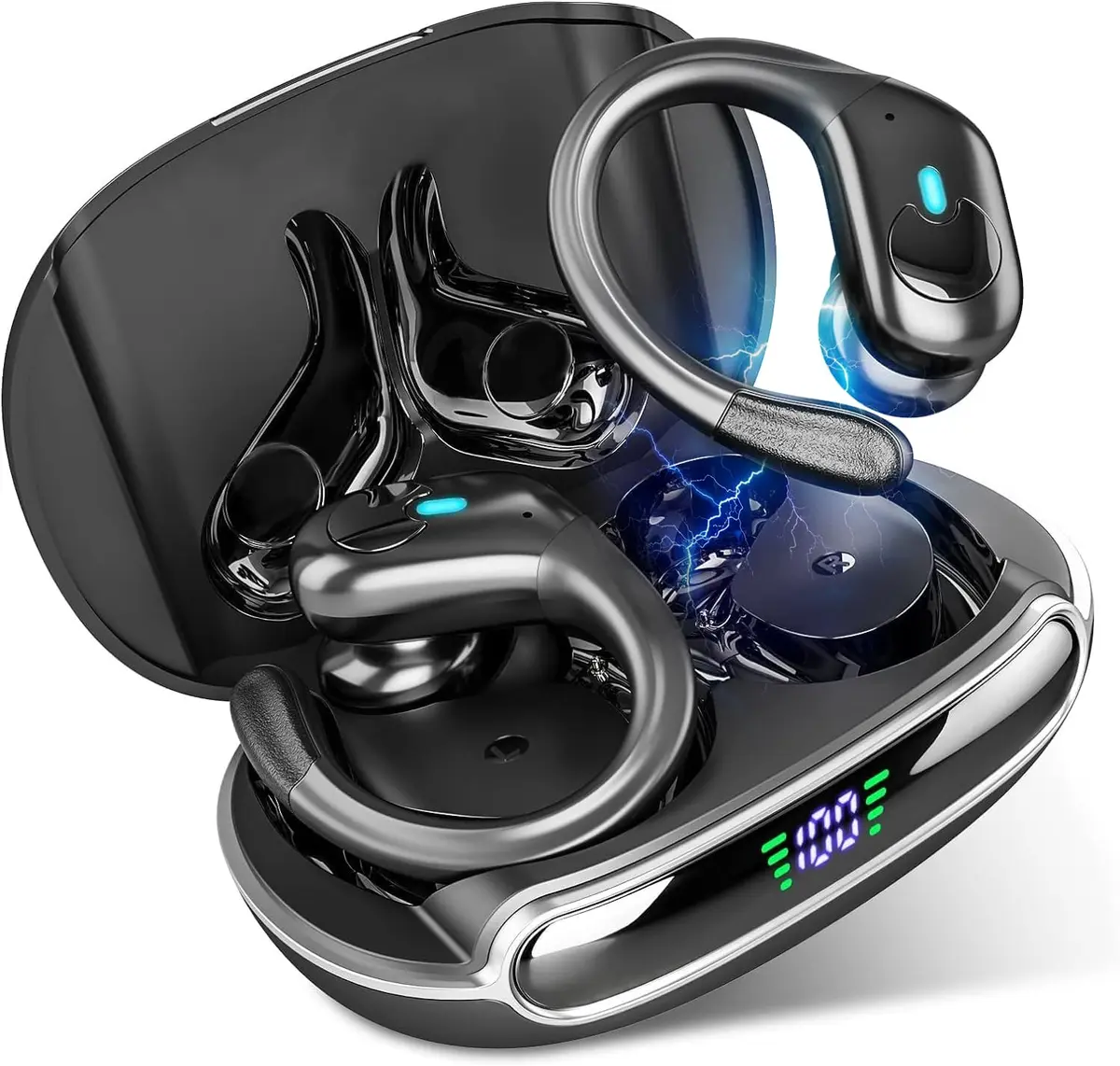 Fones Bluetooth 5.3 com Gancho, 60H de Bateria e Proteção IPX7 Preto | Até 60H de Reprodução, Display LED e Graves Profundos, Proteção IPX7 e Compatibilidade com iOS e Android
