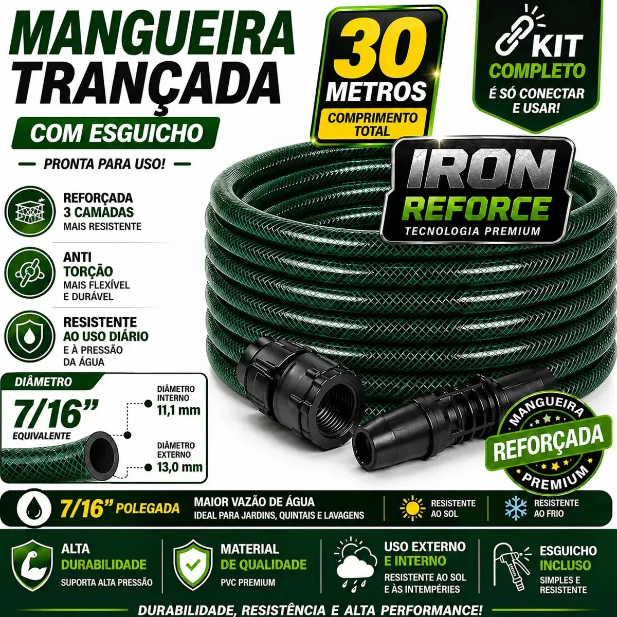 Mangueira Jardim 30 Metros Com Esguicho Trançada Mangueira Jardim 30m Metros Reforçada Flexível 7/16 Anti Mangueira De Jardim 30 Metros Dobra Irrigação Quintal Poço Lavagem Durável Lemont Web Verde - 1
