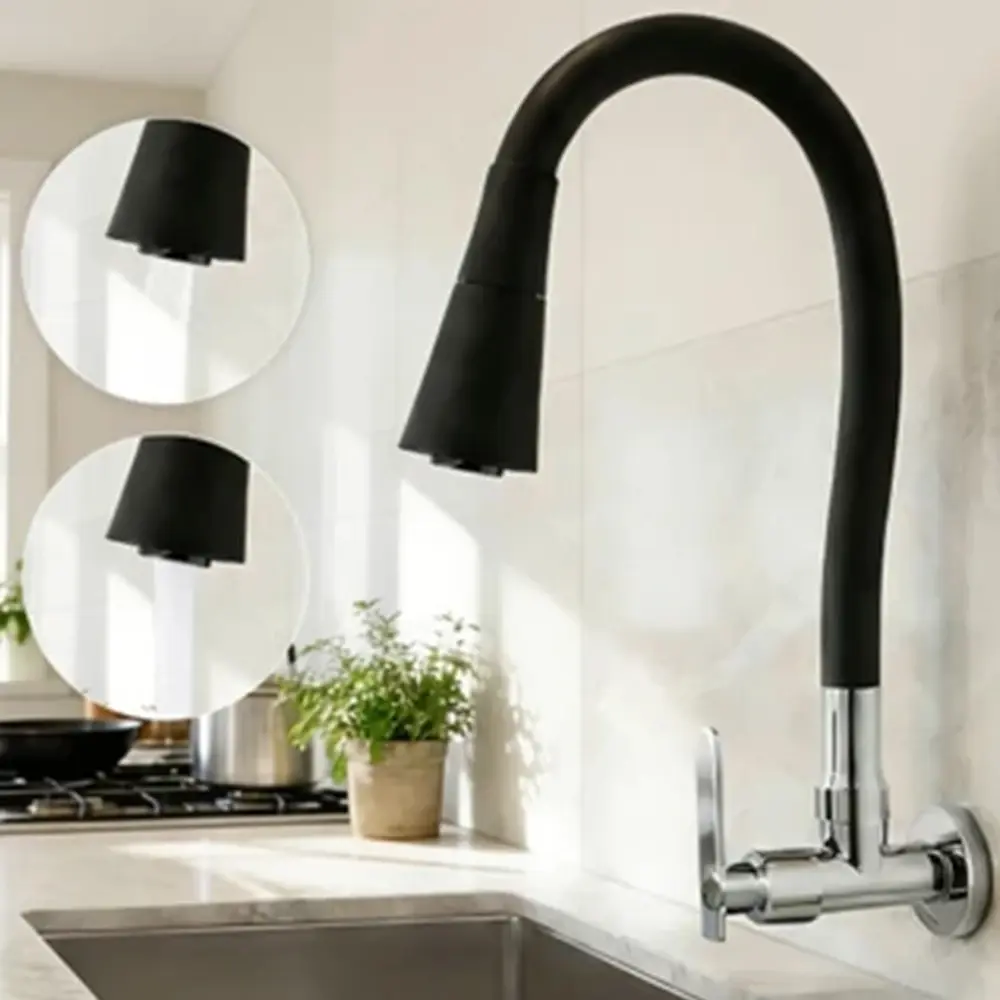 Torneia De Parede Preta Para Cozinha, 2 Funções, Bola Flexível, Controle De Água