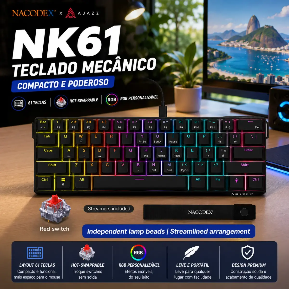 Ajazz nk61 teclado mecânico para jogos com fio 60% rgb hot-swappable 61 teclas interruptor vermelho mini teclado para gamer pc