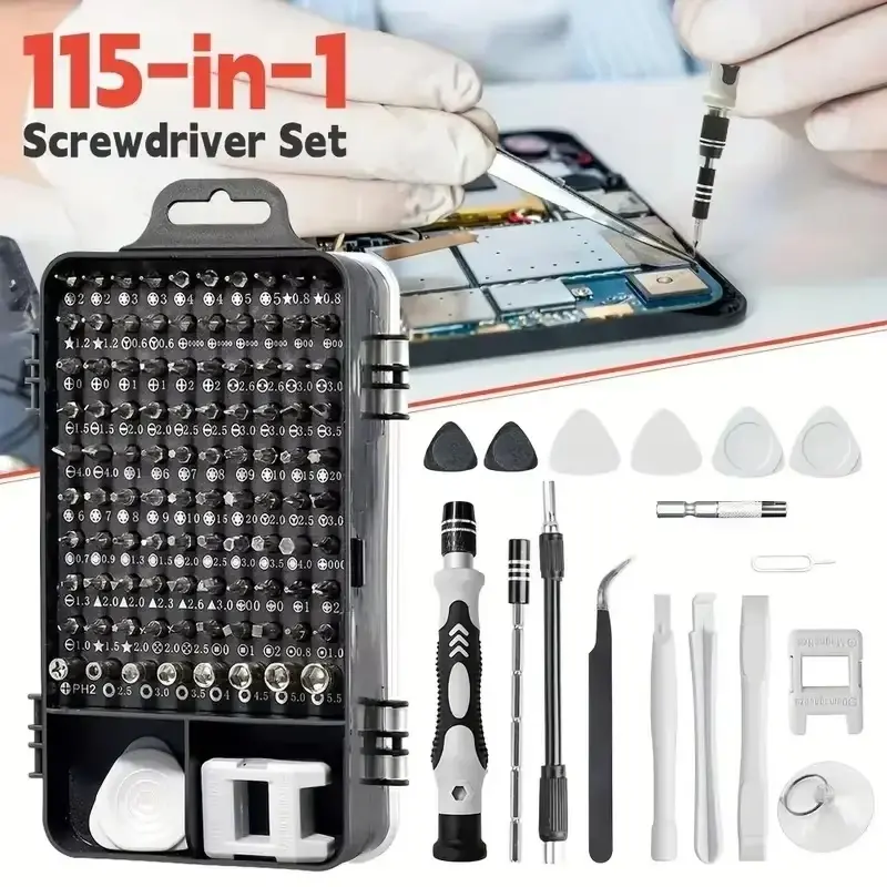 Conjunto de Chaves de Precisão 115 em 1 com Pontas Magnéticas - Kit de Ferramentas para Reparo de Eletrônicos para Celulares, Laptops, PCs e Projetos DIY