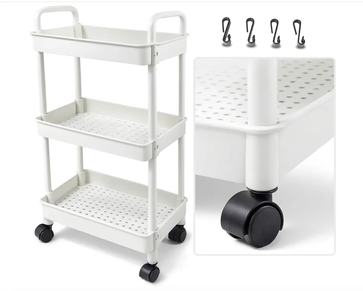Carrinho Organizador Multiuso 3 Andares - Branco (Branco) | Rodinhas 360°, Ganchos Laterais, Fácil de Montar, Ideal para Cozinha, Banheiro, Lavanderia