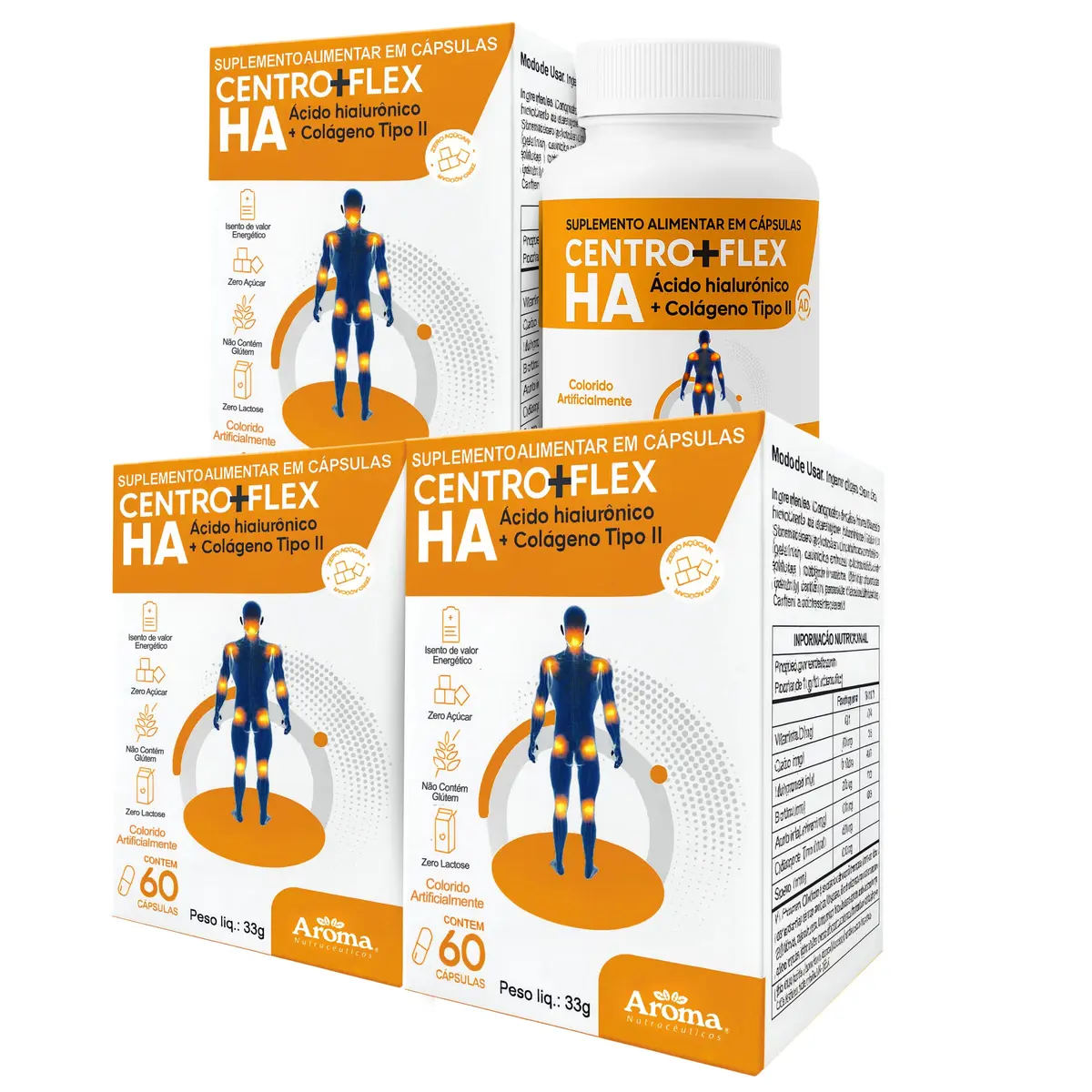 Kit 3x Centro+flex Ha | Ácido Hialurônico + Colágeno Tipo Il 180caps
