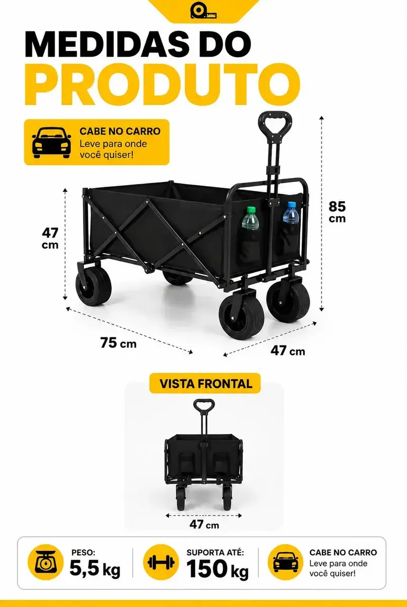 Carrinho Dobrável Multiuso 150kg Portatil 4 Rodas para Praia Camping Feira e Compras thumbnail 4