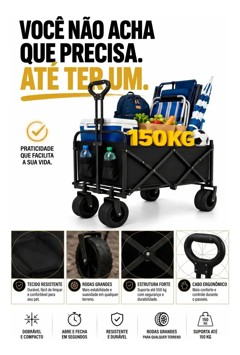 Carrinho Dobrável Multiuso 150kg Portatil 4 Rodas para Praia Camping Feira e Compras thumbnail 5