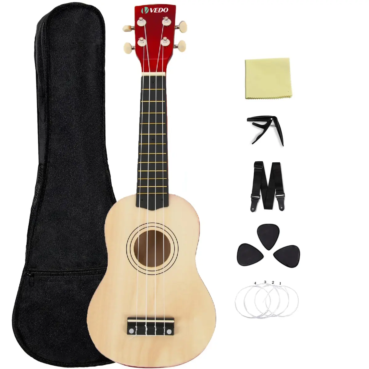 VEDO Kit Ukulele de Concerto 23 Polegadas VEDO – com Bolsa, Alça, Cordas, Capotraste e Pano – Cor Bege – Instrumento Musical para Iniciantes, Estudantes e Educadores - 1