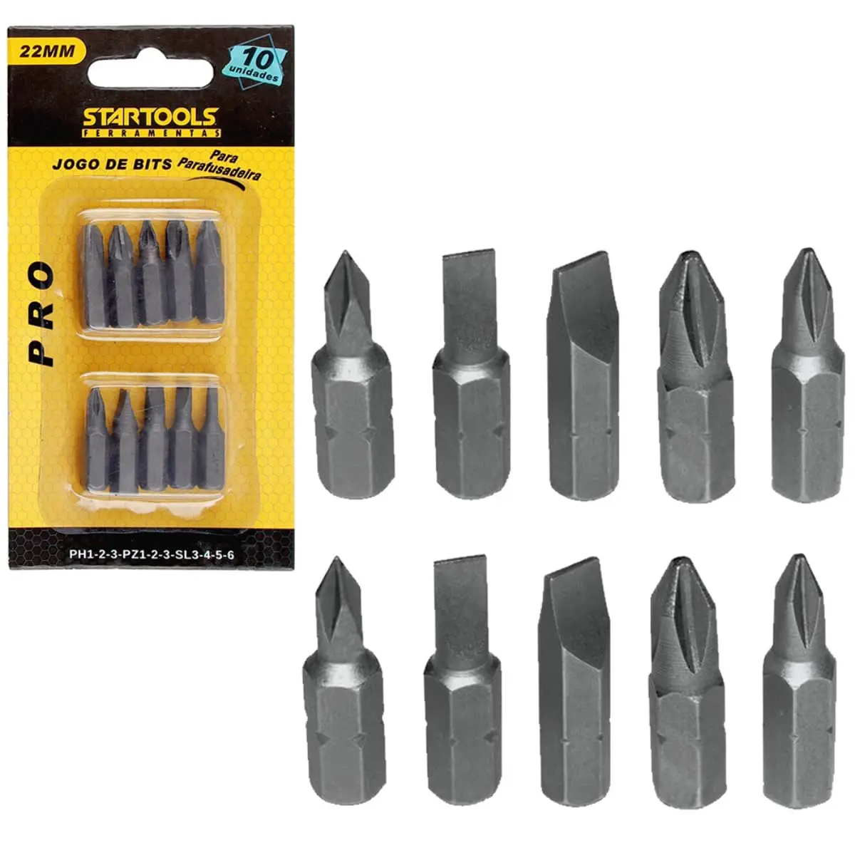 Kit Bits para Parafusadeira 10 Peças 22mm PH1 PH2 PH3 PZ1 PZ2 PZ3 SL3-6 Aço Cromo Profissional Resistente com Encaixe 1/4" - 1