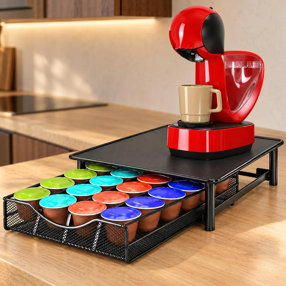 Porta Capsulas de Café com Suporte para Cafeteira, Prata, Gaveta Organizadora para 40 Cápsulas, Base Antiderrapante Emborrachada, Acesso Fácil aos Sabores Favoritos