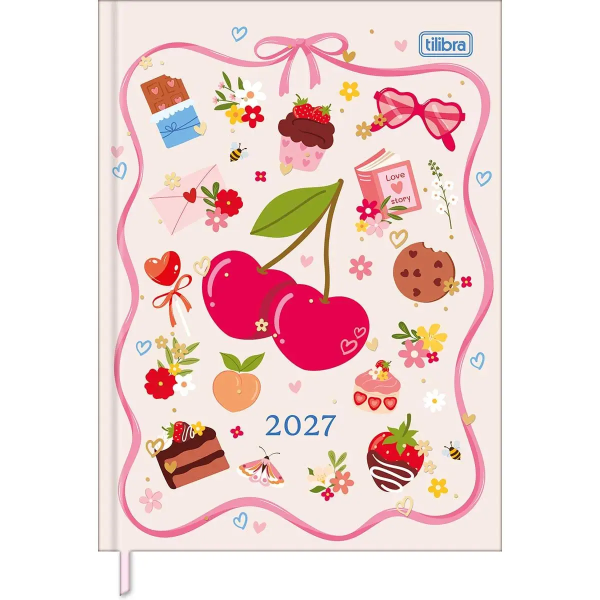 Tilibra - Agenda Costurada Diária 12,3 x 16,6 cm Charme 2027 - Cereja - 1