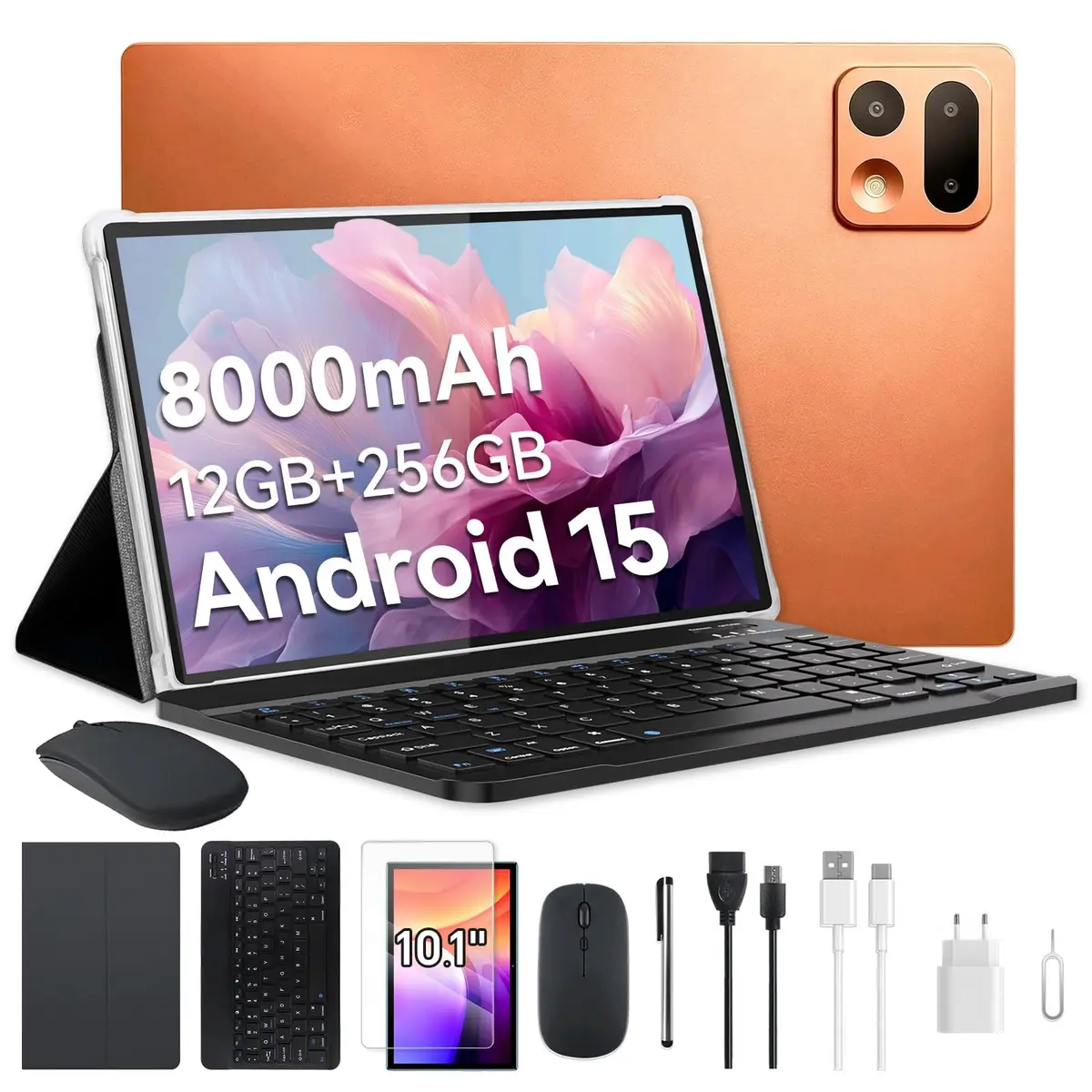 Xixaomiro Tablet Android 15 Pad 10.1", 256GB ROM + 12GB RAM, Câmera 13MP + 5MP, Bateria 8000mAh – Kit Completo com Caneta, Mouse, Teclado e Capa, Adequado para Estudo, Trabalho e Lazer (Laranja claro)