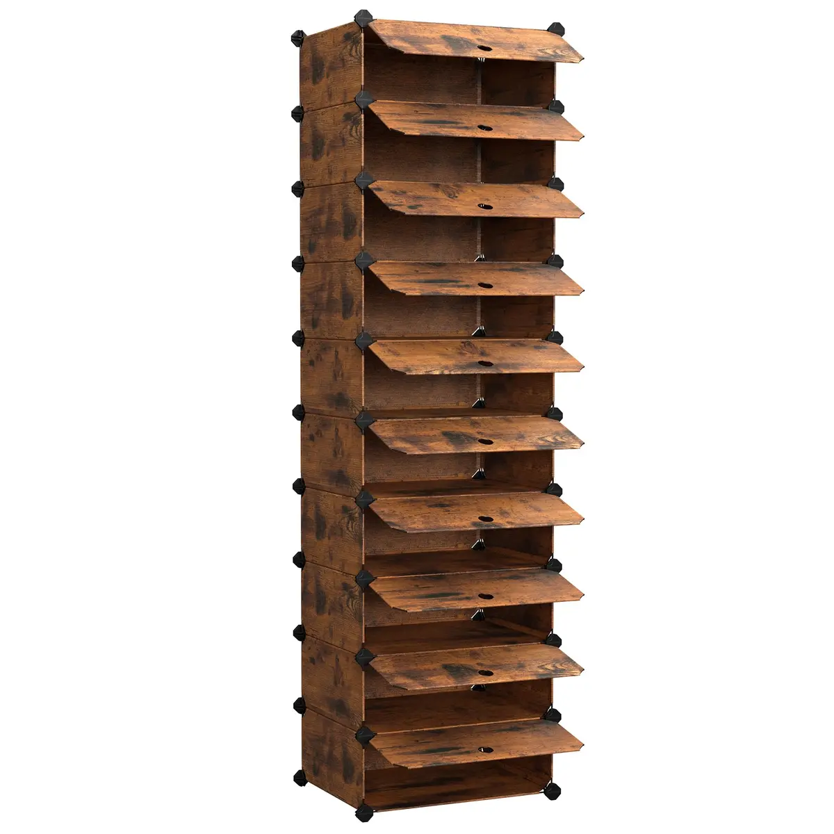 SONGMICS Armário para Sapatos, Prateleira Modular, 10 Compartimentos | Caixa para Calçados de Plástico, com Portas e Martelo, Castanho Rústico, Coleção DAMION BRLPC010A01
