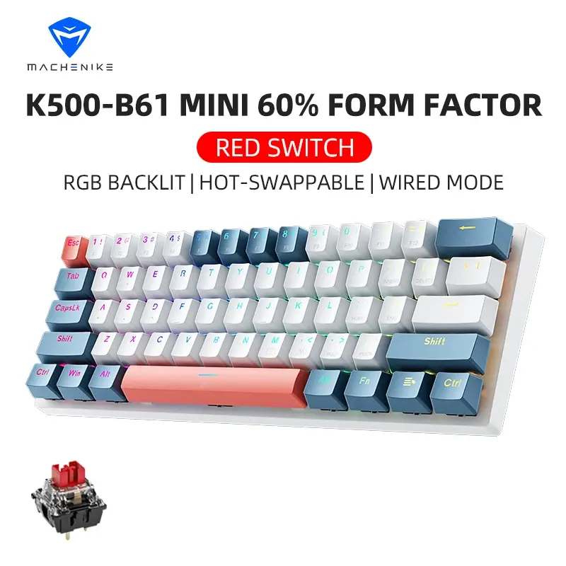 K500-B61achenike Mini Keybaord Mecânico 60% Fator de Forma 61 Teclas Gaming Keybaord Com Fio Chave Completa Hot-Swappable RGB Backlit