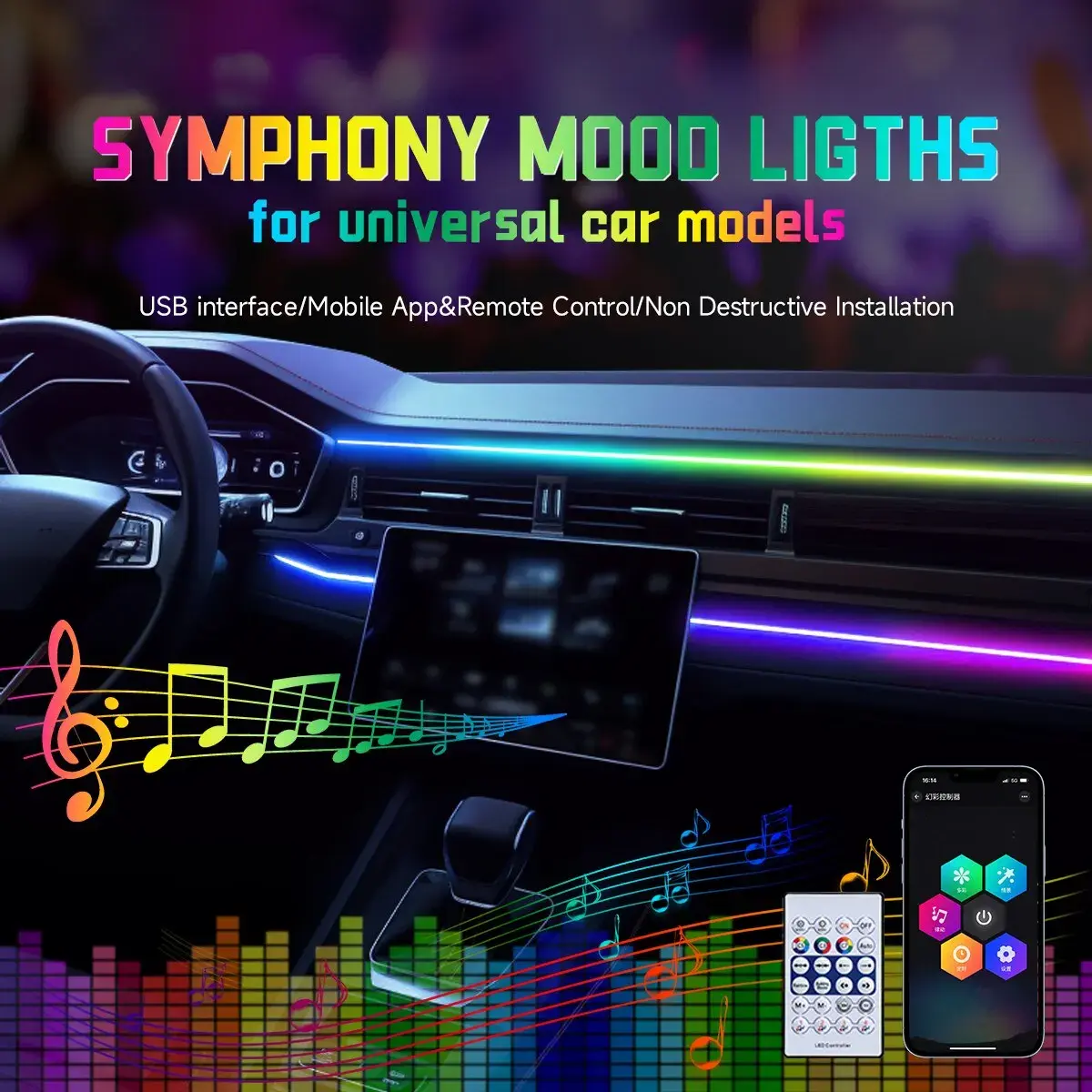 Carro led luz ambiente usb 64 cores tiras acrílicas 110cm cores completas rgb interior do carro escondido app controle remoto atmosfera lâmpada
