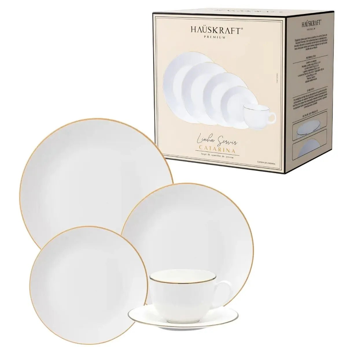 Hauskraft Premium Aparelho de Jantar Branco com Borda Dourada, Porcelana, 20 Peças, Linha Catarina, Conjunto Completo para Servir