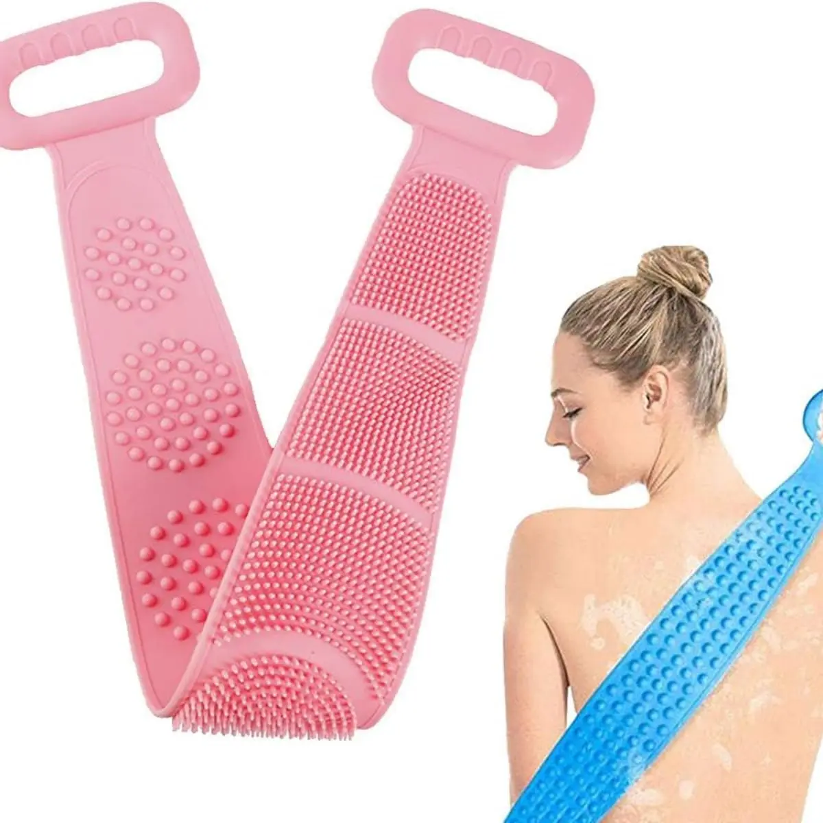 Esfregão Esponja de Banho de Silicone Massageador Esfoliante para Costas Limpeza Profunda, Dupla Face, Antibacteriano, Secagem Rápida, com Alças Anatômicas(Rosa)