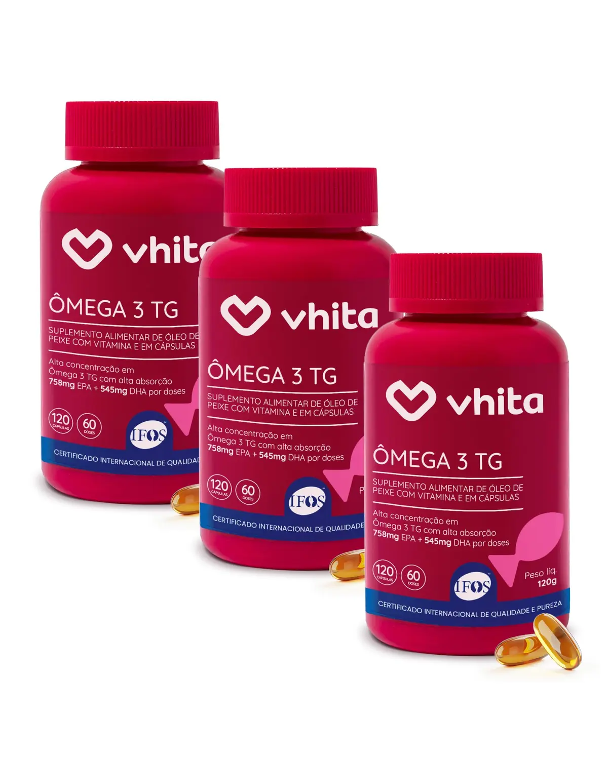 Ômega 3 1000mg TG EPA DHA com Selo IFOS e Vitamina E 120 cáps - 3 unidades | 360 Cápsulas, 180 Porções, Óleo de Peixe.