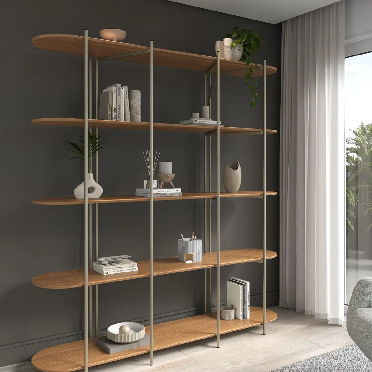 Estante Multiuso Livreiro Orgânica Industrial Enya 195,8cmx180cm Canela/Champanhe