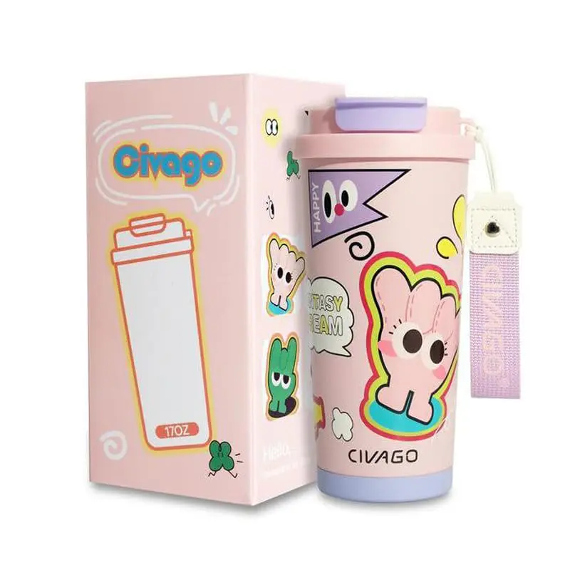 Copo Térmico Antivazamento Portátil 500ml em Aço Inoxidável 316, Estampa Cartoon, Revestimento Cerâmico, Tampa 2-em-1, Ideal para Uso Doméstico e Infantil, Mantém Quente 12h / Frio 24h (Rosa Vibrante) - 1