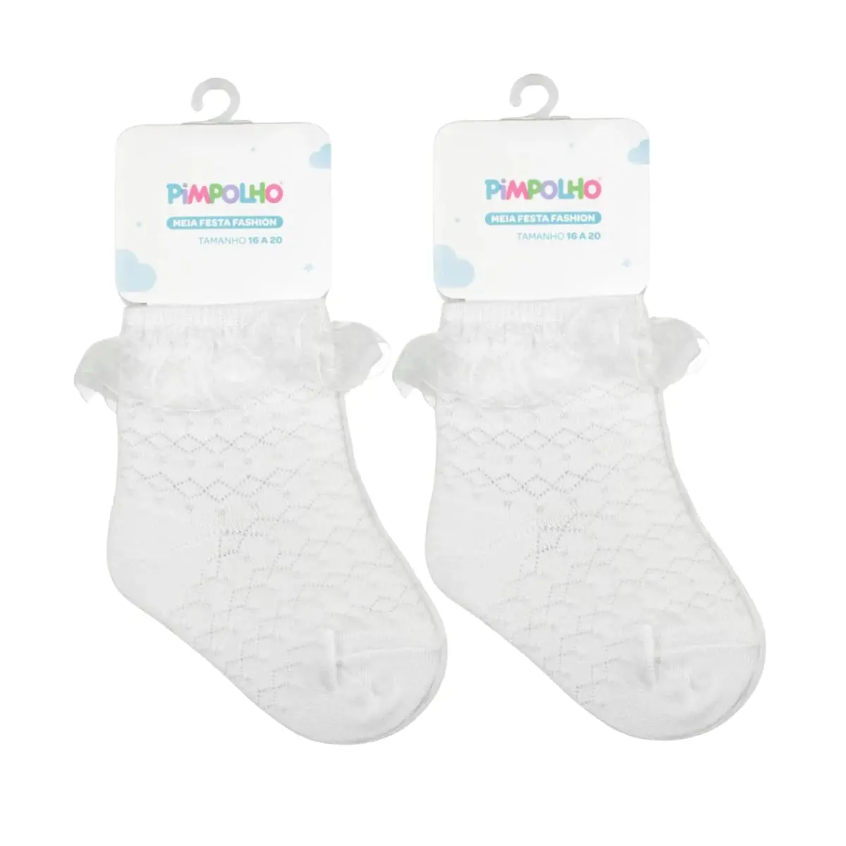 Kit 2 Pares Meia Infantil Menina com Tule para Festa e Batizado Pimpolho Tam 16-20 BRANCO